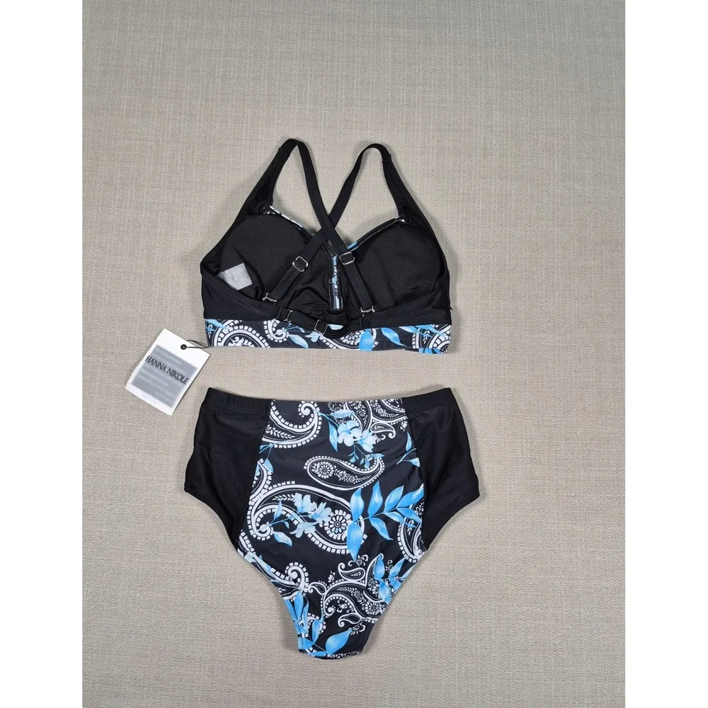 Hanna Nikole Womens Bikini Set Blue Paisley High Waisted Tummy Control New‎ M